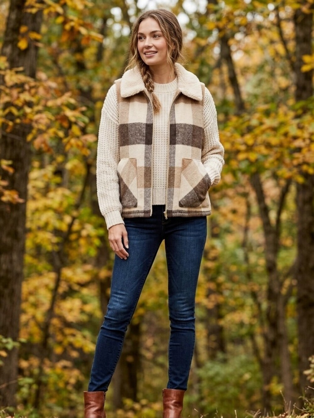 Sanctuary Plaid Zip Up Vest with Sherpa Fleece Collar Womens Size XL